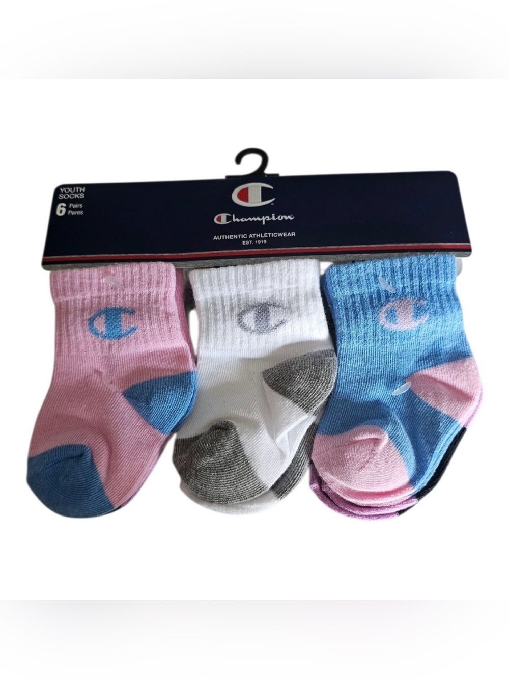 Champion Kids 6-Pack Crew Socks in Pink, White, Blue 6-12 months